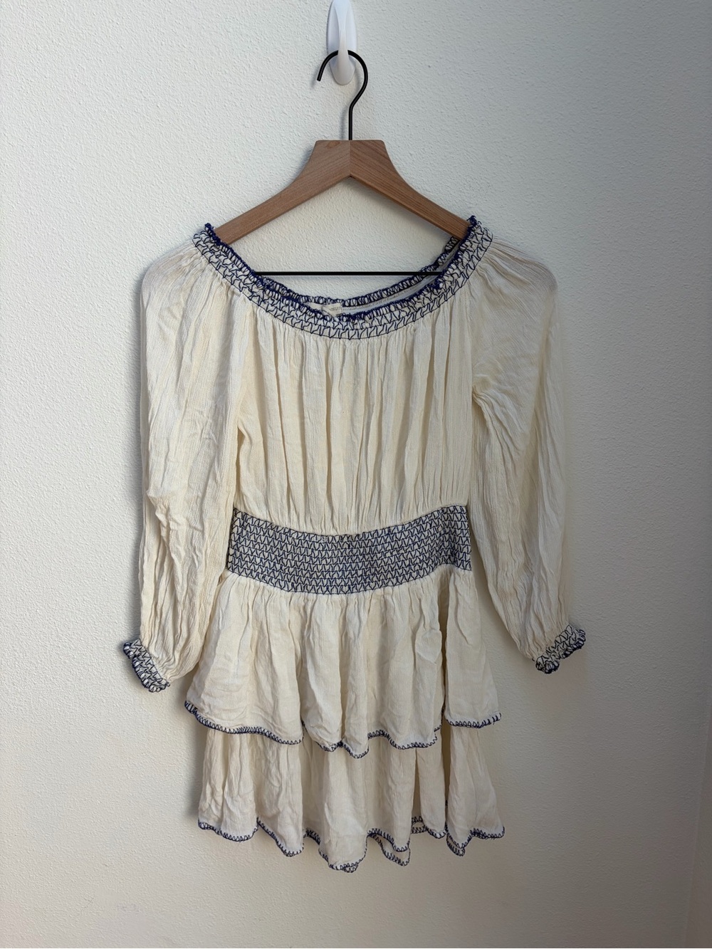 Urban Outfitters Smocked Dress Tiered Mini Long Sleeve Ivory Navy Size Small